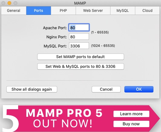 MAMPアプリのポート番号設定画面