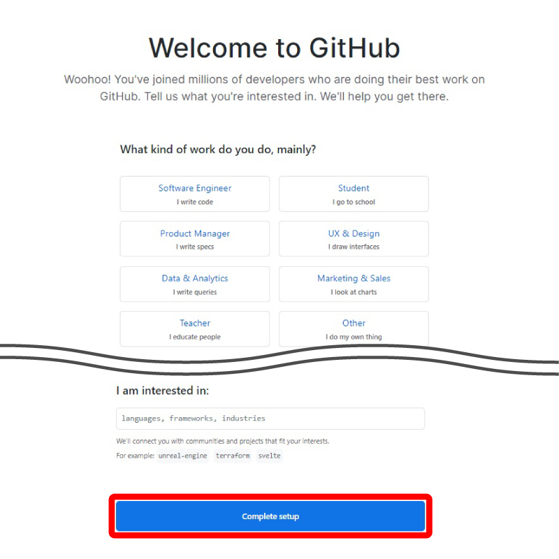 GitHubホームページのアカウント作成時のユーザーへの詳細情報確認画面