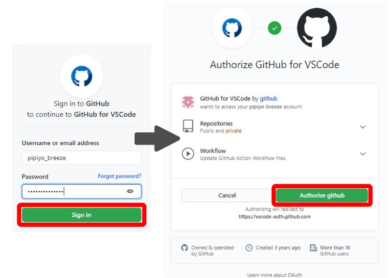 GitHubホームページVSCODEとGitHubの認証を確認するためのパスワード入力画面
