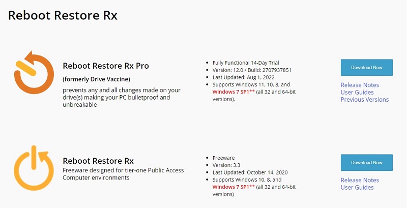 Reboot Restore Rxのダウンロード画面