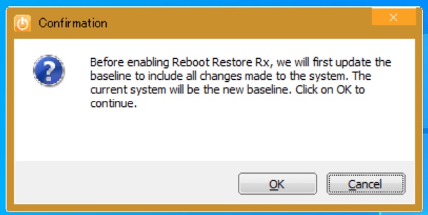 タスクトレイを開いた画面、RebootRestoreRxをONにする操作、ONのクリック